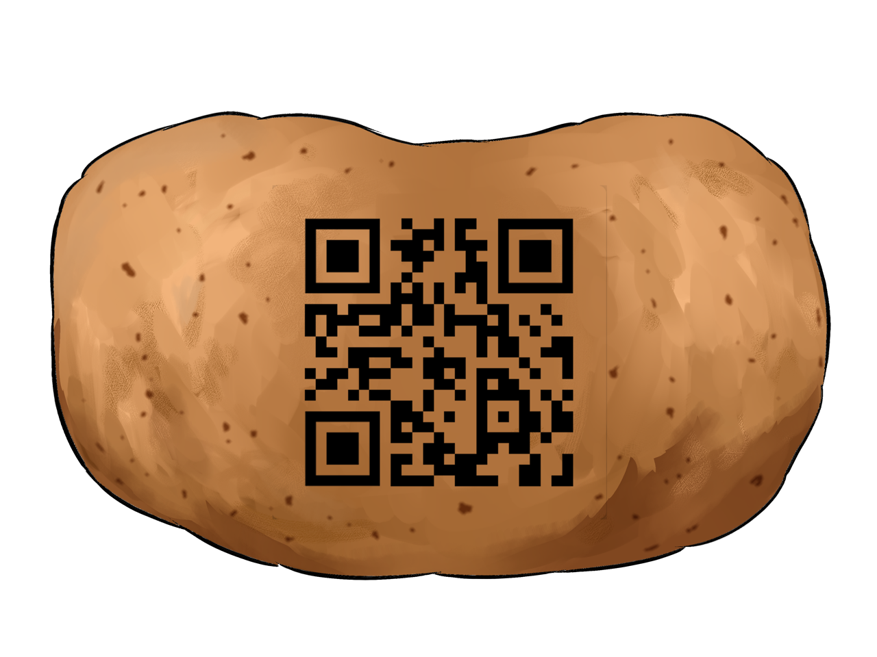 The qtato: an illustrated russet potato with a QR code printed on its skin